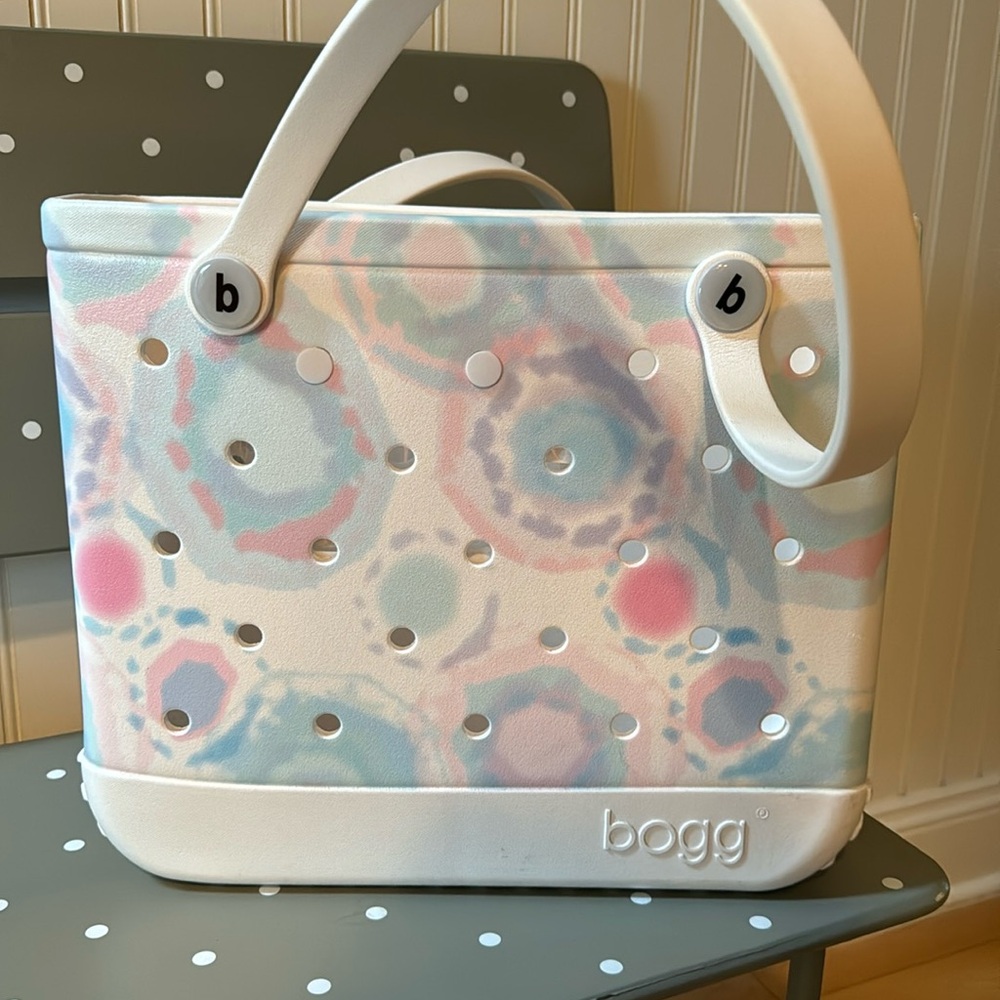 BOGG BAG White with Pink and Light Blue Abstract Pattern Tote